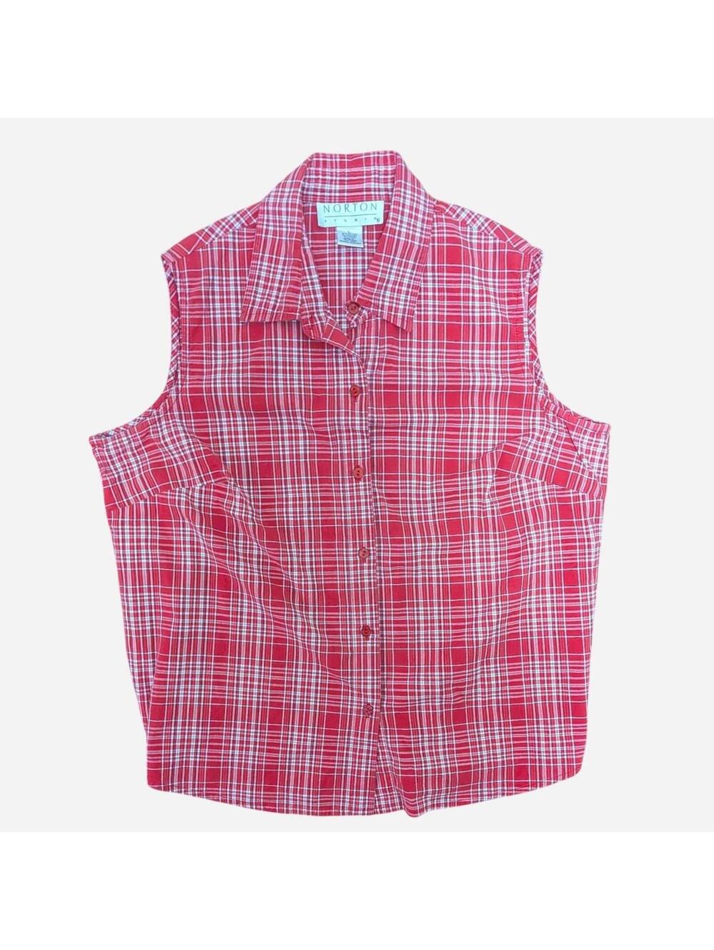 90s Red Plaid Cotton Shirt Button-Down Cropped Fit Vintage Size L